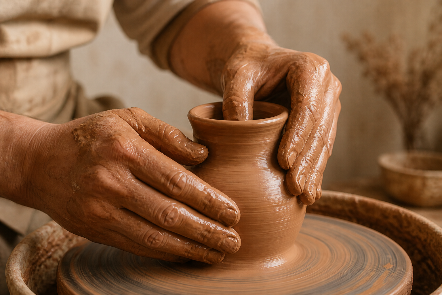 Hands shaping a clay vessel